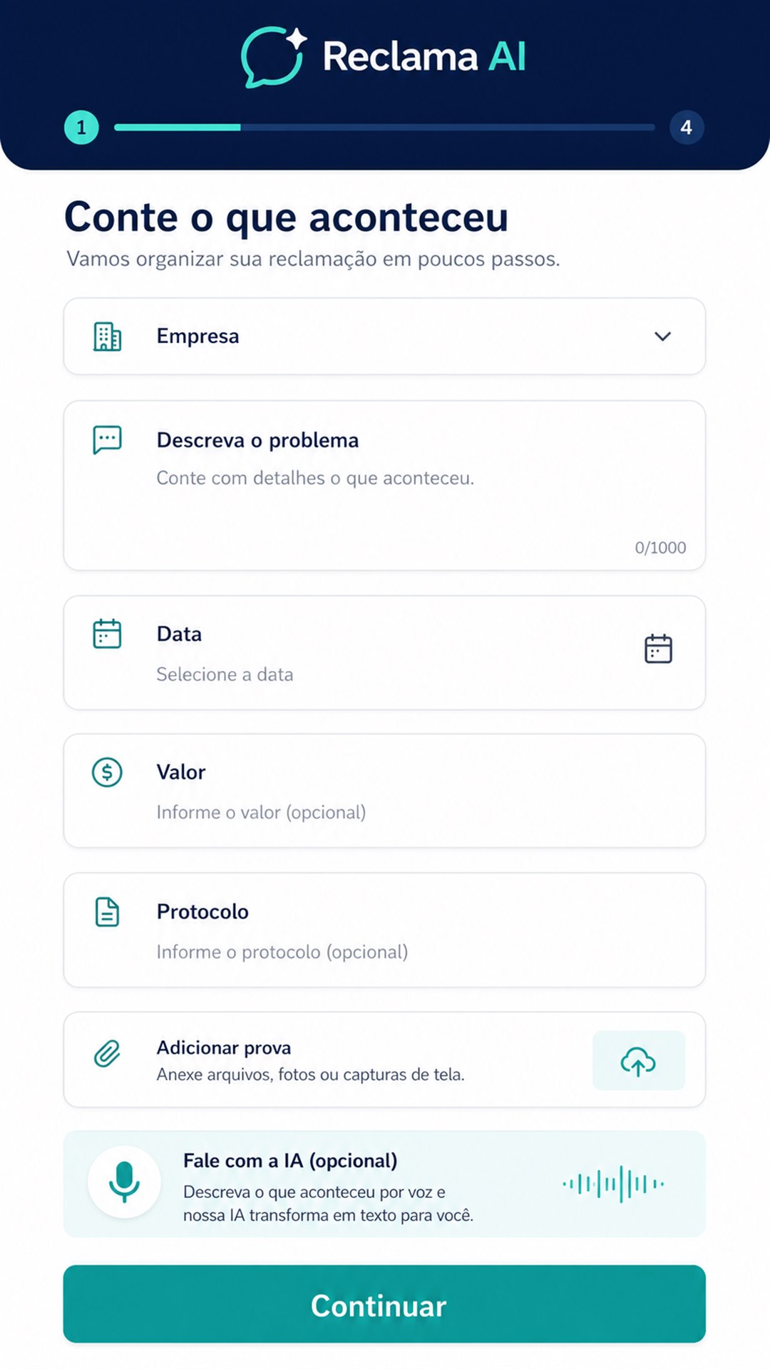 Prévia da tela inicial do Reclama AI