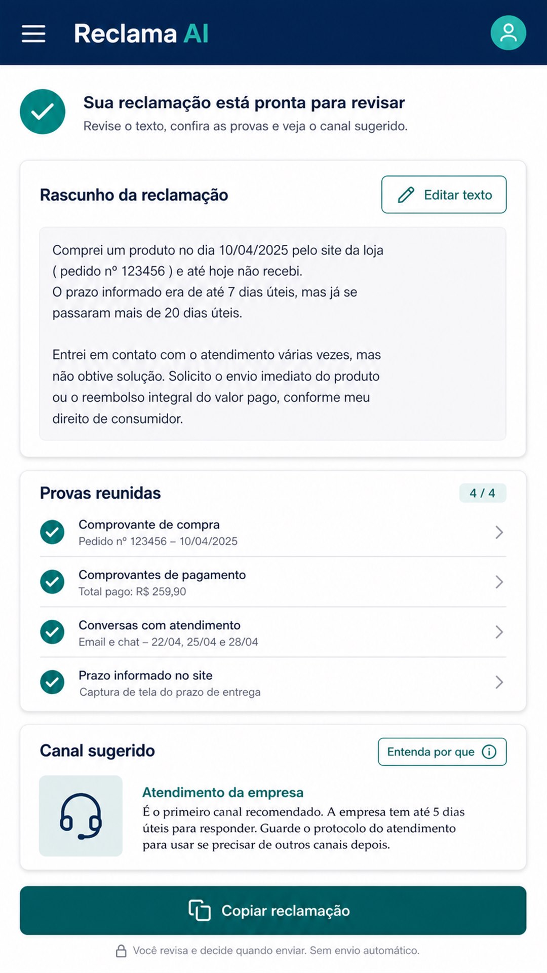 Prévia da organização de documentos no Reclama AI
